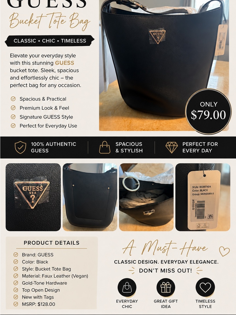 GUESS Black Faux Leather Bucket Tote with Gold-Tone Logo